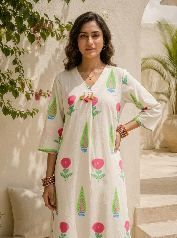 White Cotton Handblock Style Printed Two Piece Set