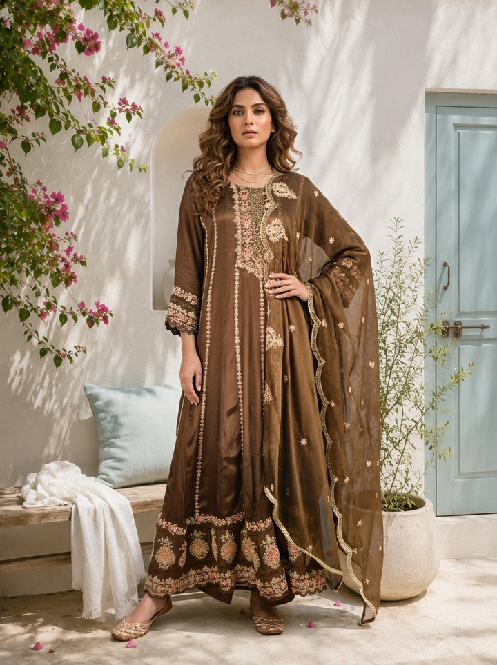 Brown Chinon Thread And Vertical Zari Embroidered Three Piece Set