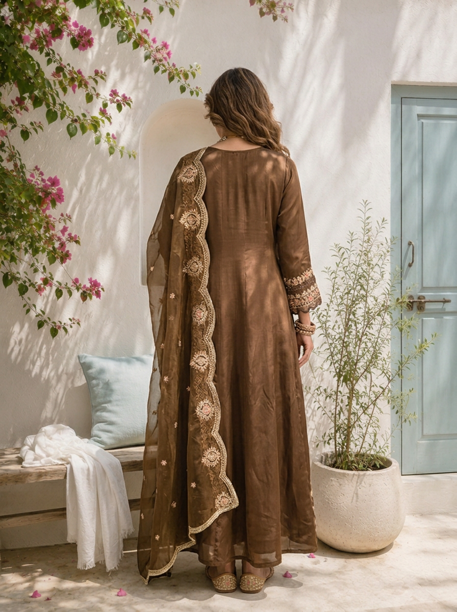 Brown Chinon Thread And Vertical Zari Embroidered Three Piece Set