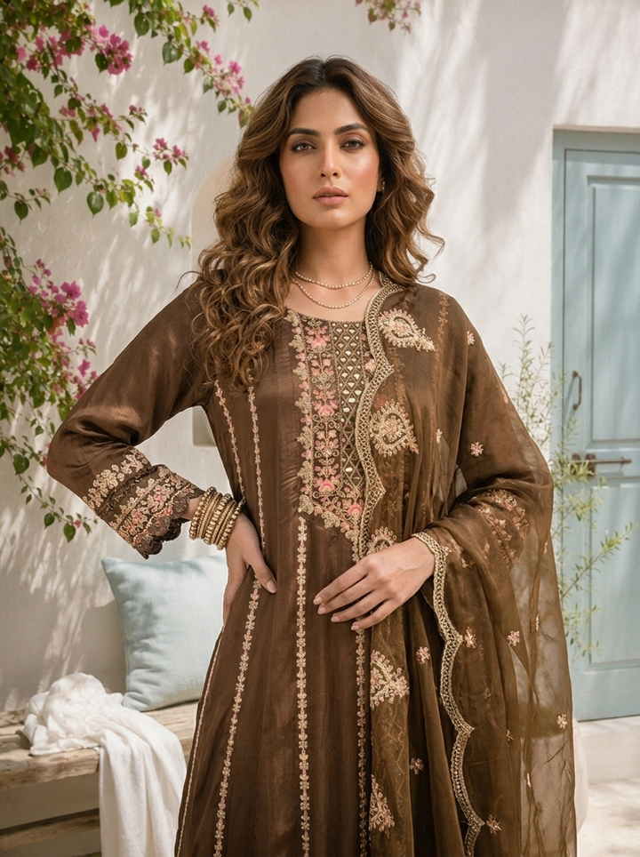 Brown Chinon Thread And Vertical Zari Embroidered Three Piece Set