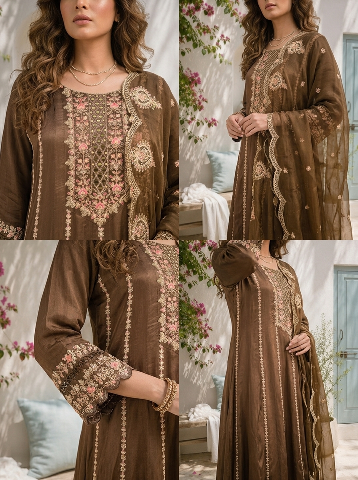 Brown Chinon Thread And Vertical Zari Embroidered Three Piece Set