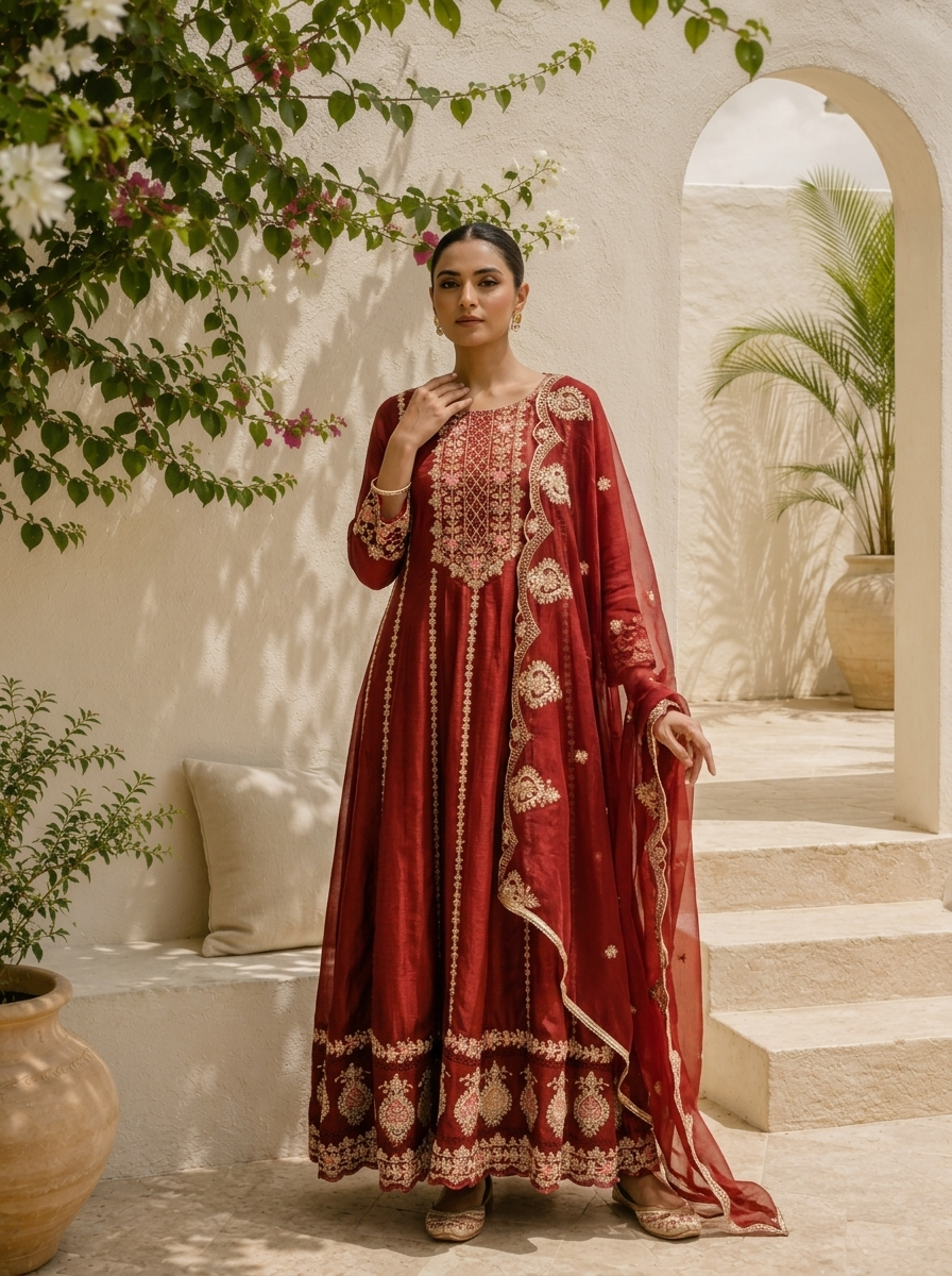 Rust Chinon Thread And Vertical Zari Embroidered Three Piece Set