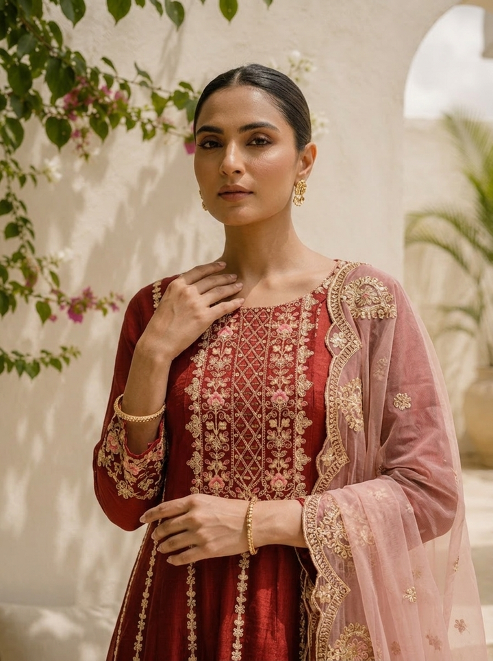 Rust Chinon Thread And Vertical Zari Embroidered Three Piece Set