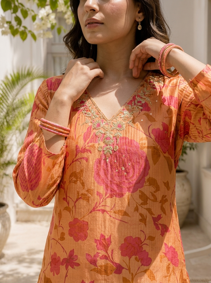 Peach Tissue Digital Floral And Pin Stripe Printed Three Piece Set