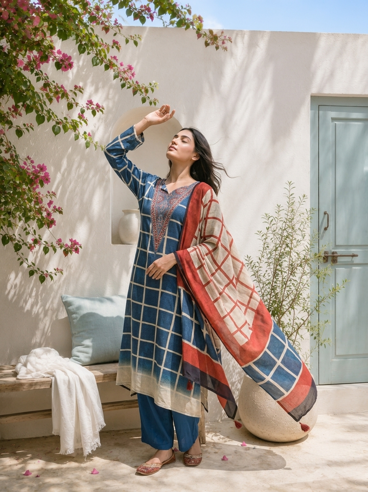 Blue Muslin Grid Printed Three Piece Set