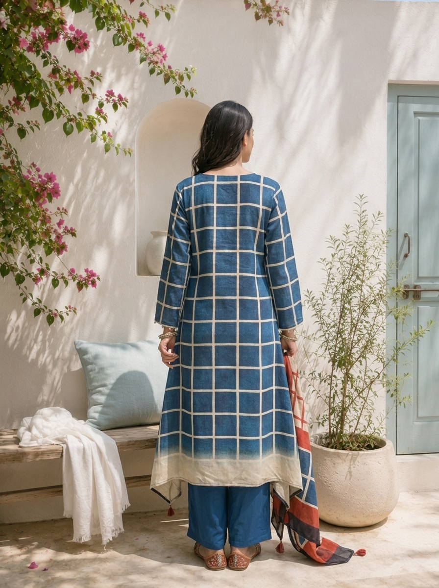 Blue Muslin Grid Printed Three Piece Set