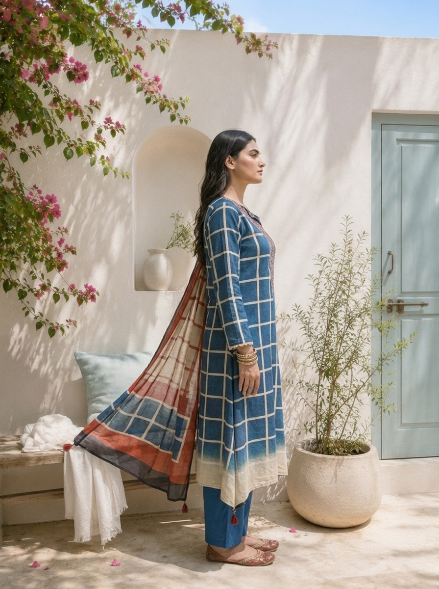 Blue Muslin Grid Printed Three Piece Set