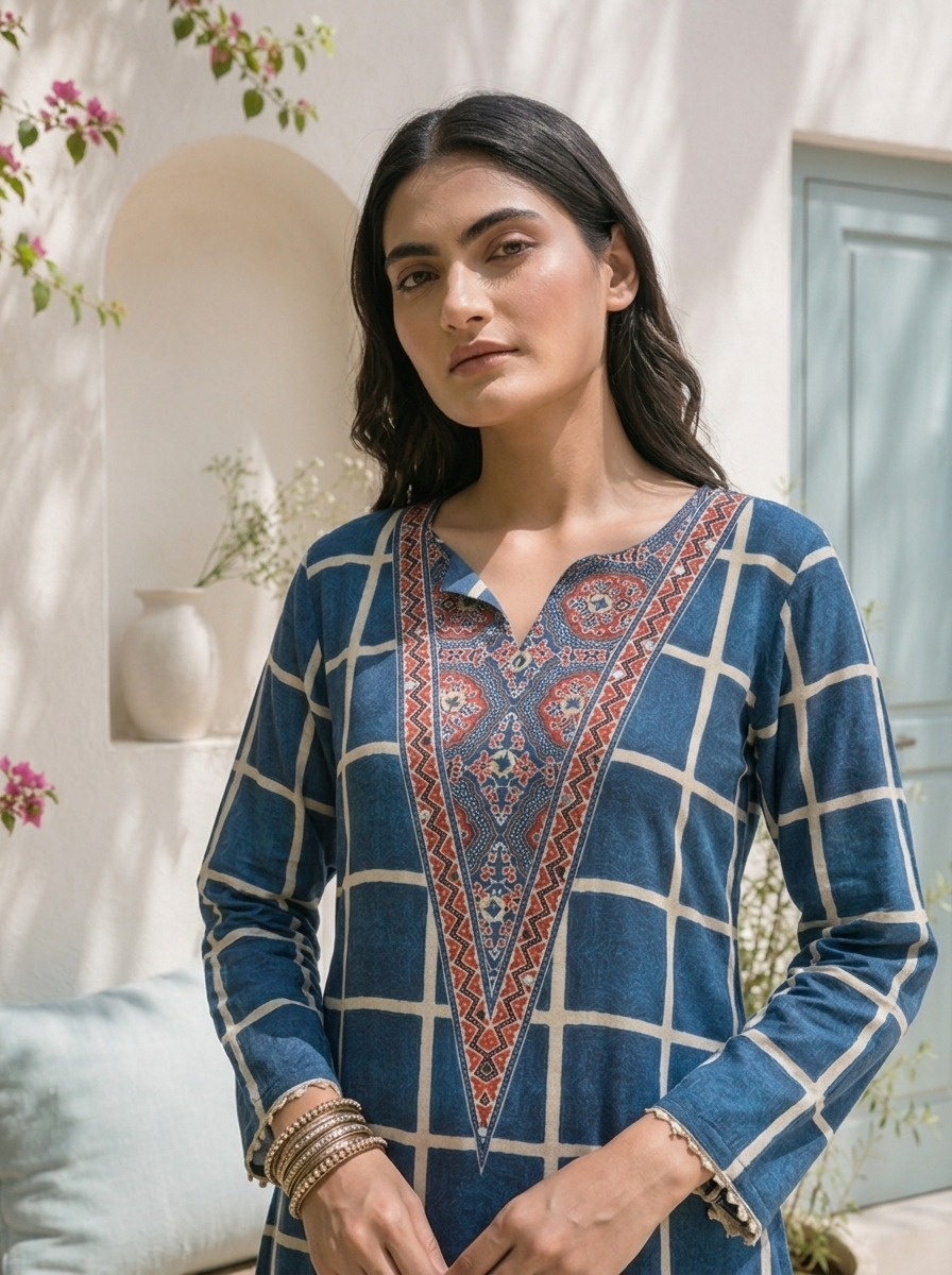 Blue Muslin Grid Printed Three Piece Set