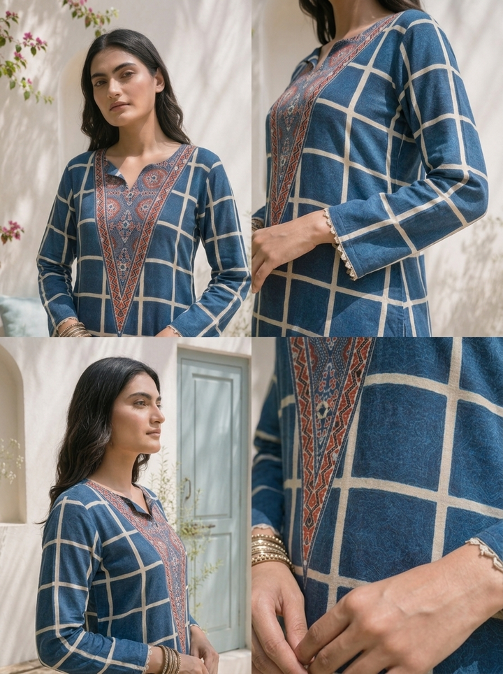 Blue Muslin Grid Printed Three Piece Set