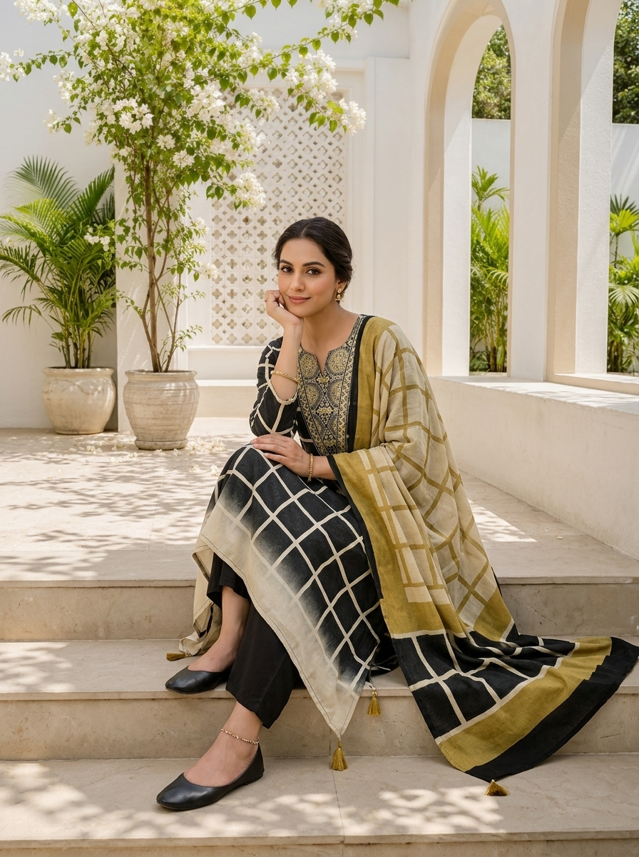 Black Muslin Grid Printed Three Piece Set