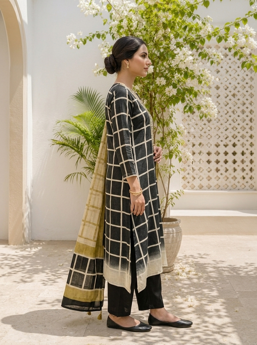 Black Muslin Grid Printed Three Piece Set