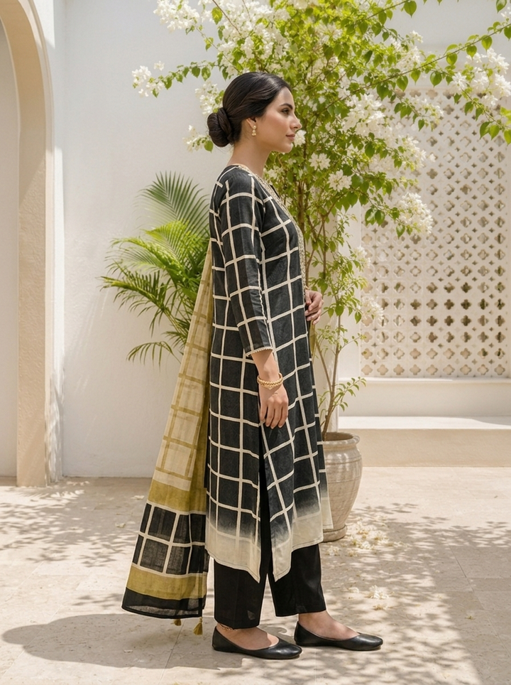 Black Muslin Grid Printed Three Piece Set