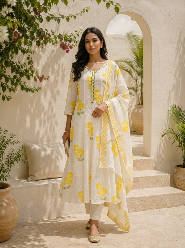 Yellow Cotton Tulip Floral Printed Three Piece Set