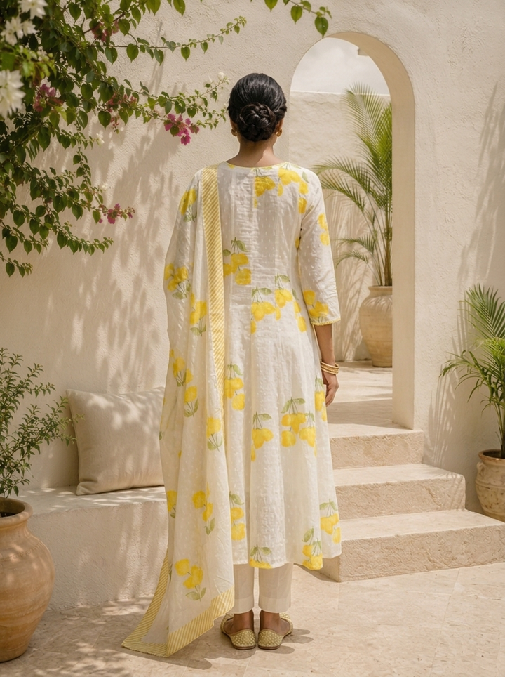 Yellow Cotton Tulip Floral Printed Three Piece Set