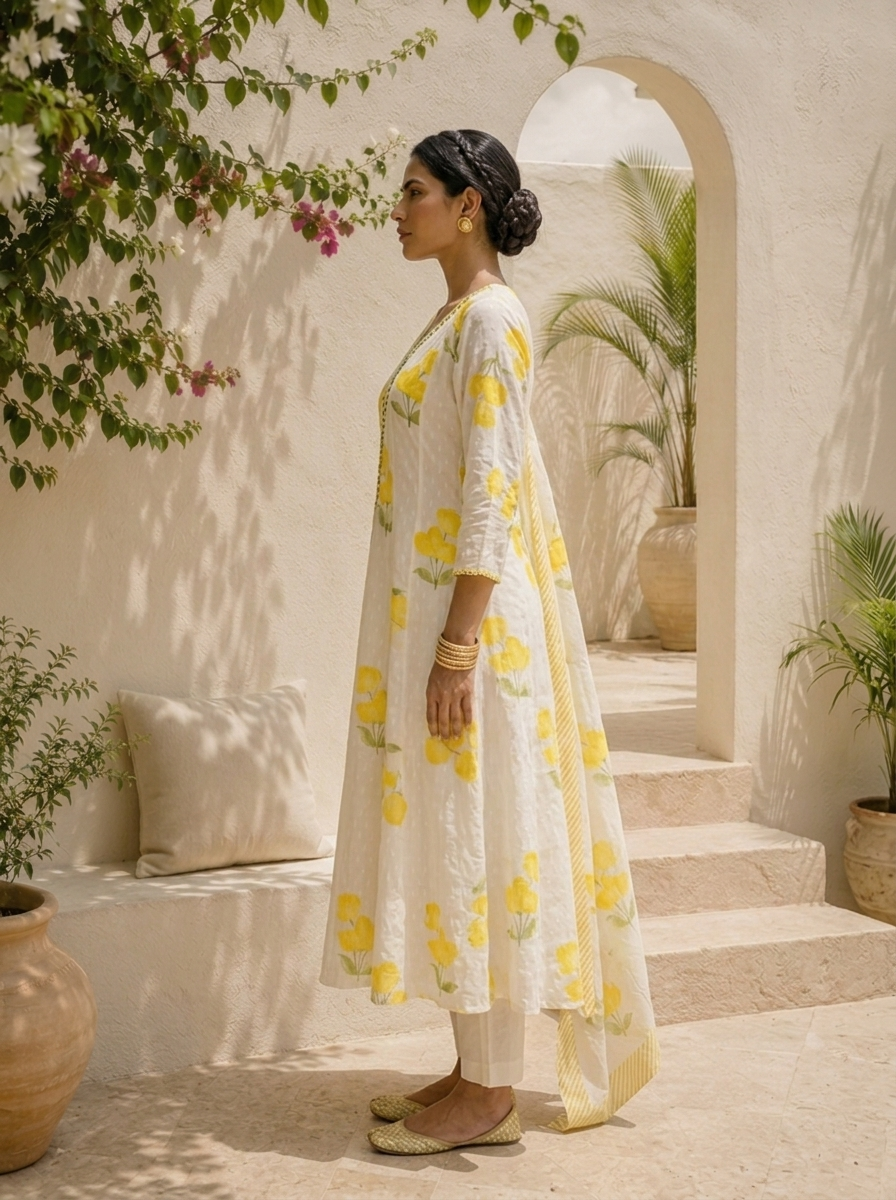 Yellow Cotton Tulip Floral Printed Three Piece Set