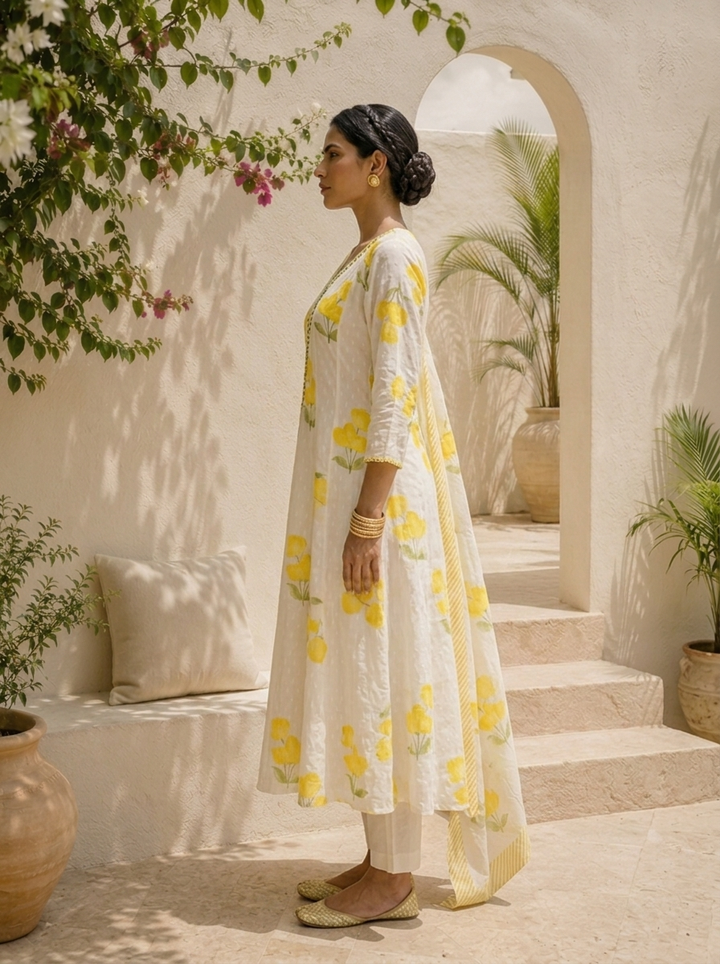 Yellow Cotton Tulip Floral Printed Three Piece Set