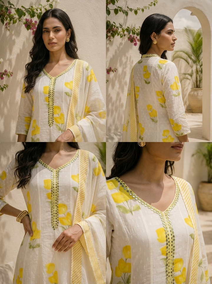 Yellow Cotton Tulip Floral Printed Three Piece Set