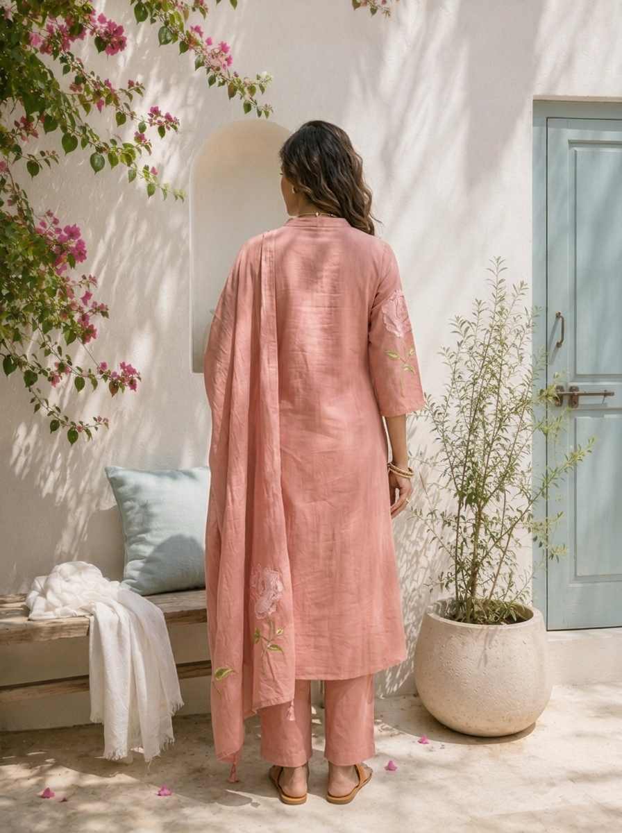 Peach Cotton Rose Embroidered Three Piece Set