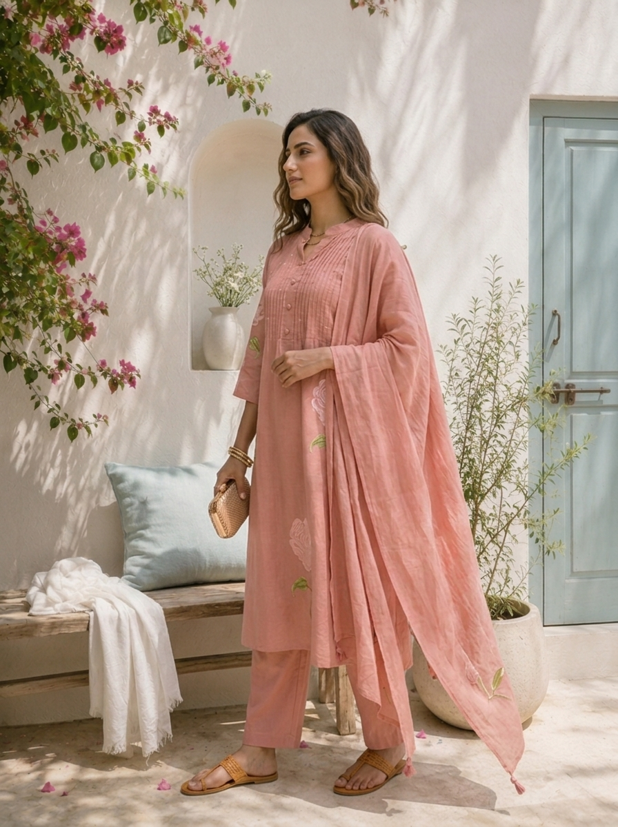 Peach Cotton Rose Embroidered Three Piece Set