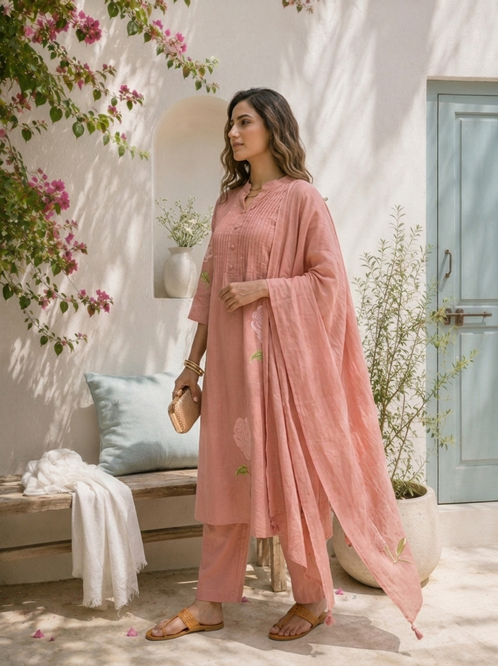 Peach Cotton Rose Embroidered Three Piece Set