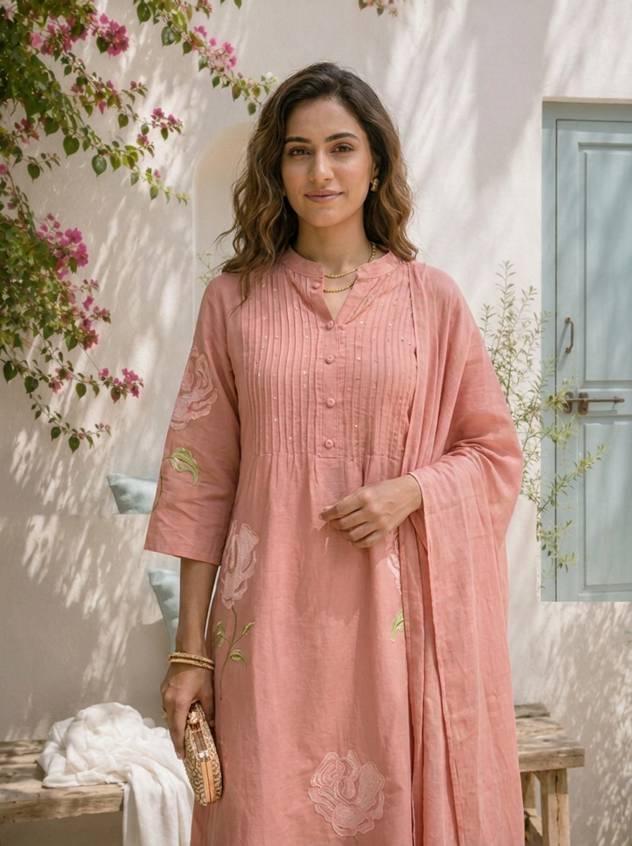Peach Cotton Rose Embroidered Three Piece Set