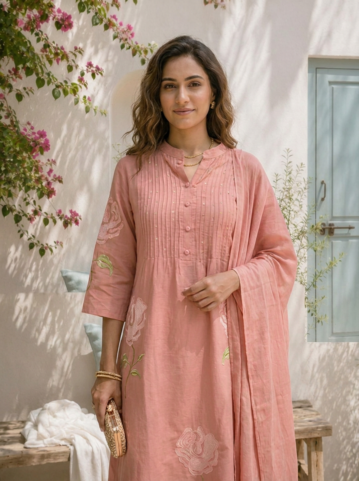 Peach Cotton Rose Embroidered Three Piece Set
