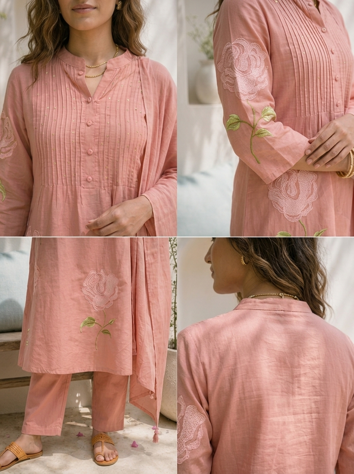 Peach Cotton Rose Embroidered Three Piece Set