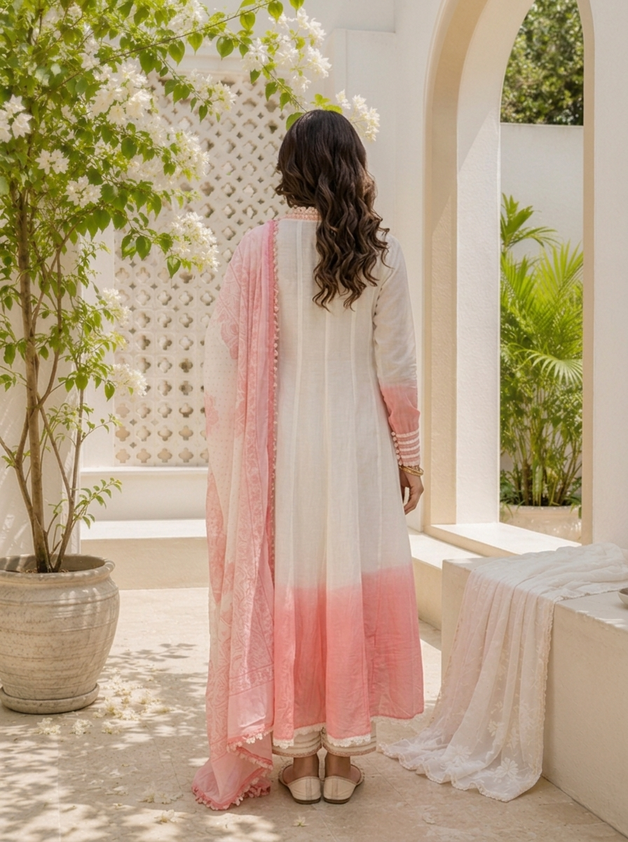 Baby Pink Cotton Ombre Lotus Embroidered Three Piece Set