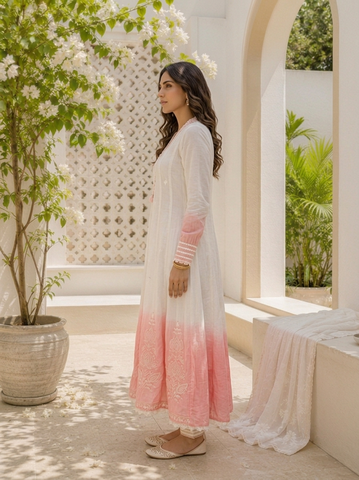 Baby Pink Cotton Ombre Lotus Embroidered Three Piece Set