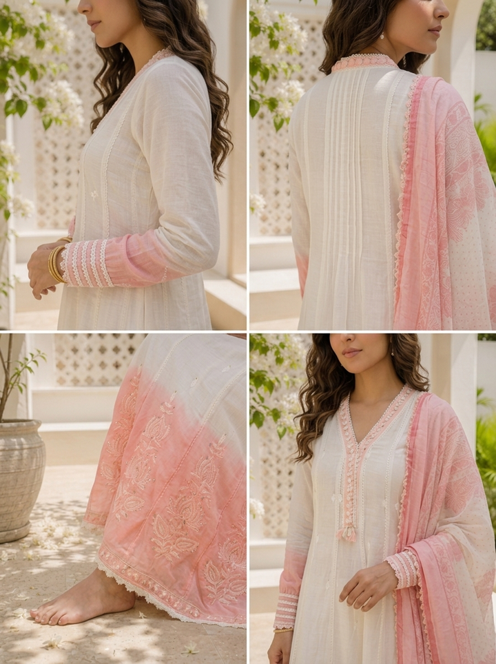 Baby Pink Cotton Ombre Lotus Embroidered Three Piece Set