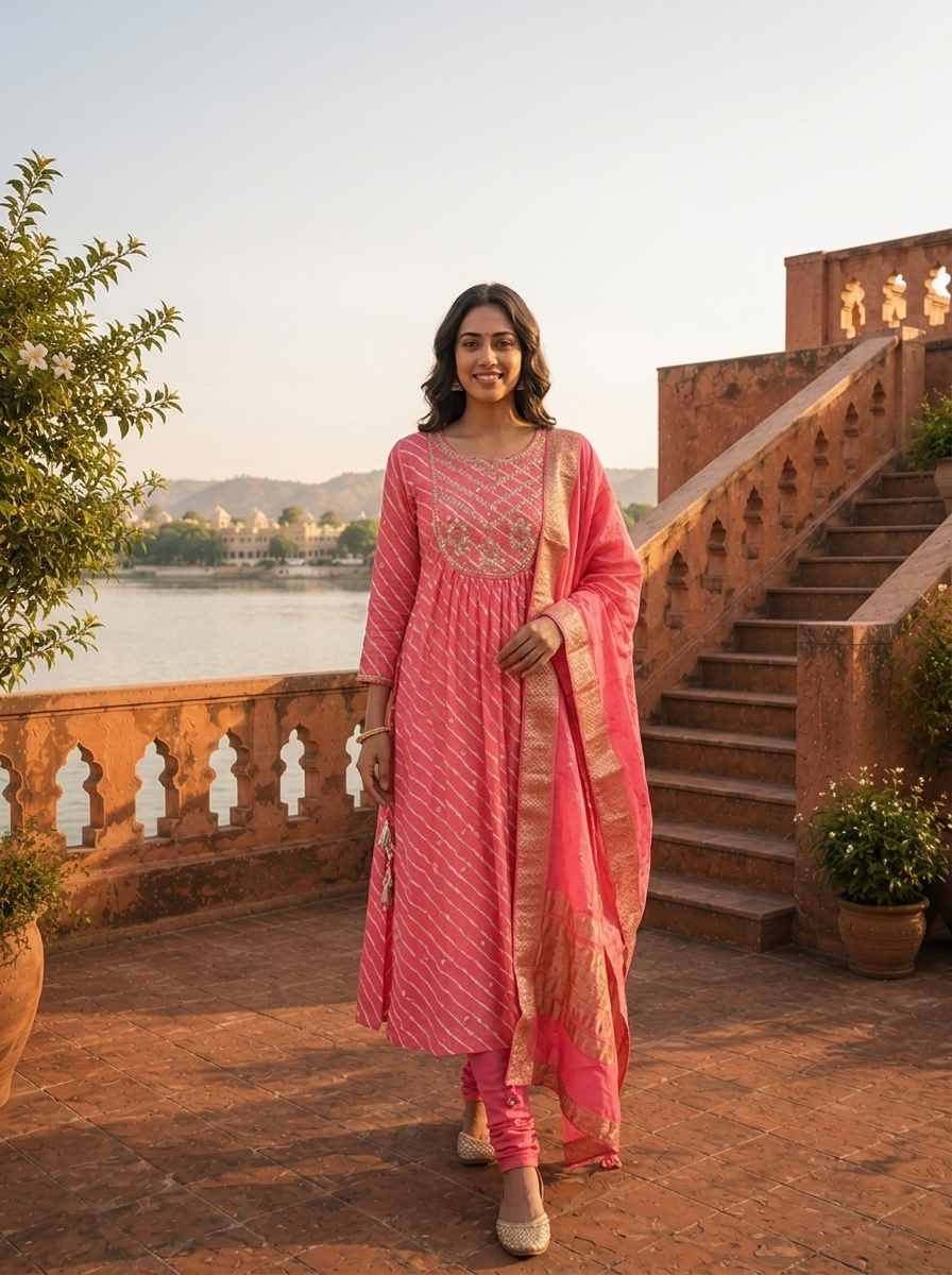 Rose Silk Diagonal Leheriya Stripes Printed Three Piece Set
