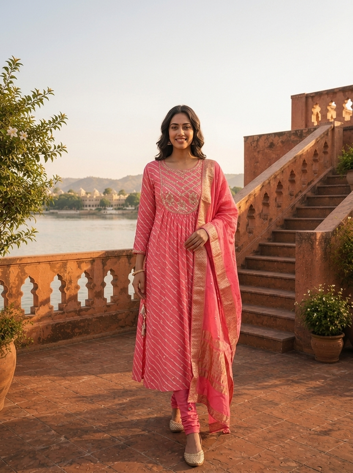 Rose Silk Diagonal Leheriya Stripes Printed Three Piece Set