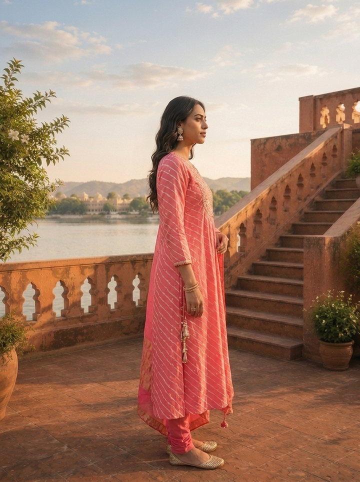 Rose Silk Diagonal Leheriya Stripes Printed Three Piece Set