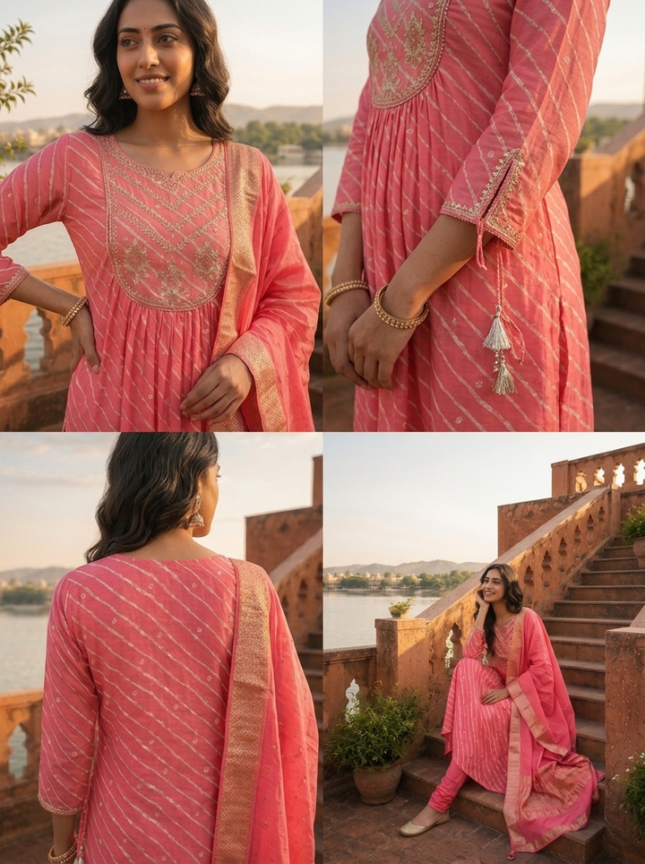 Rose Silk Diagonal Leheriya Stripes Printed Three Piece Set