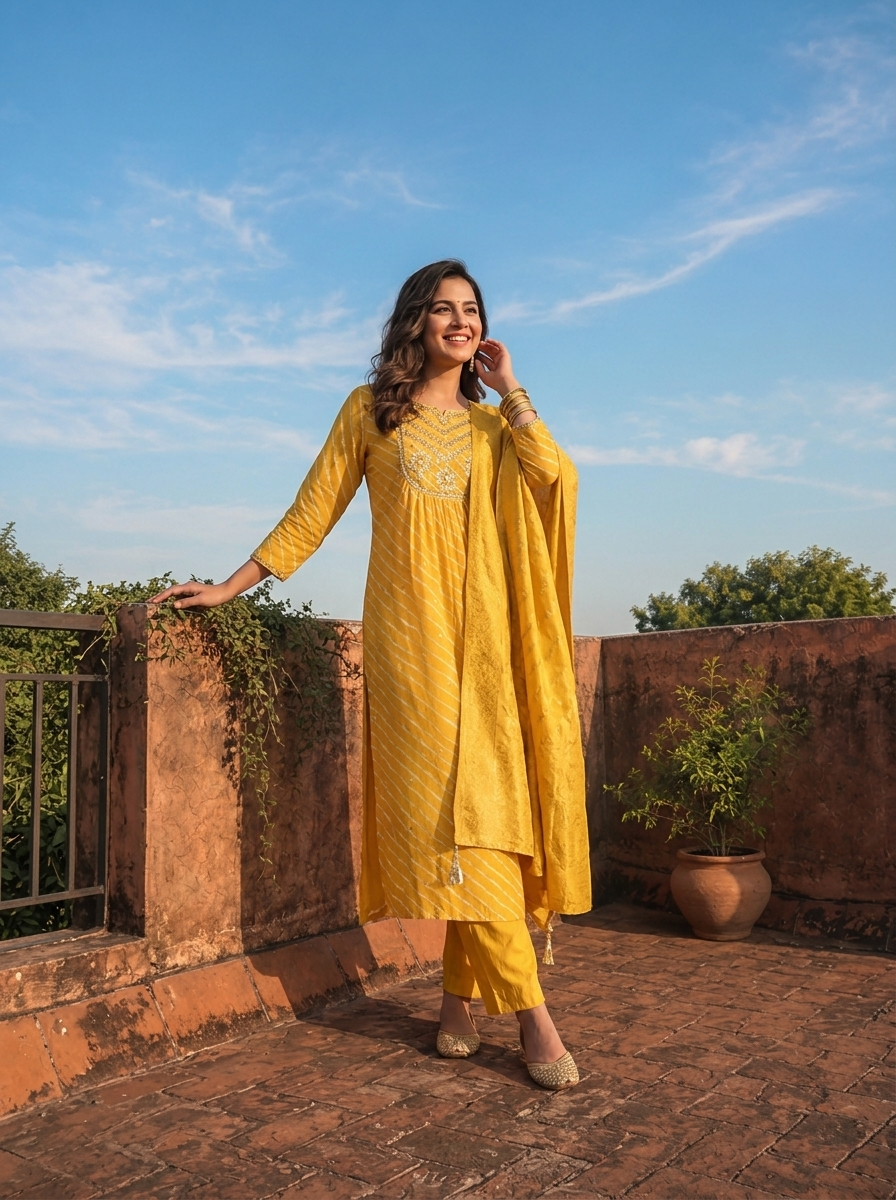 Mustard Silk Diagonal Leheriya Stripes Printed Three Piece Set