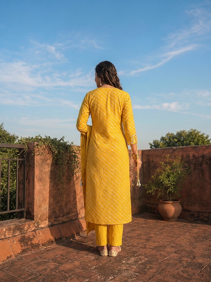 Mustard Silk Diagonal Leheriya Stripes Printed Three Piece Set