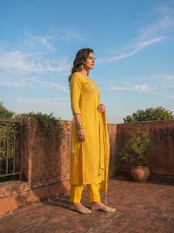 Mustard Silk Diagonal Leheriya Stripes Printed Three Piece Set