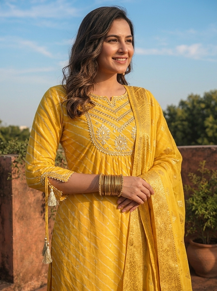 Mustard Silk Diagonal Leheriya Stripes Printed Three Piece Set