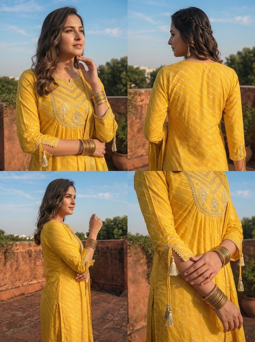 Mustard Silk Diagonal Leheriya Stripes Printed Three Piece Set