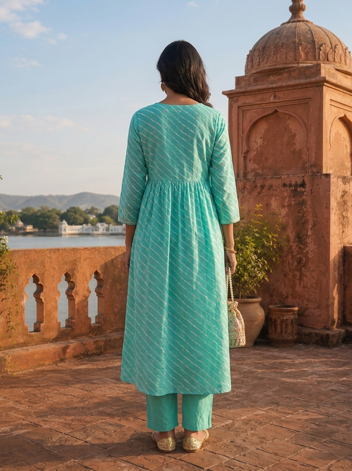 Ferozi Silk Diagonal Leheriya Stripes Printed Three Piece Set