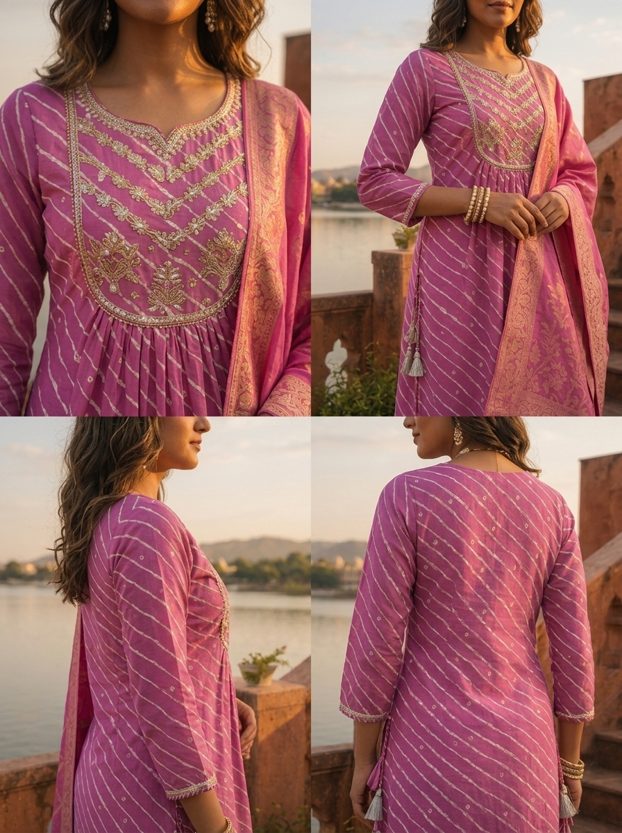 Purple Silk Diagonal Leheriya Stripes Printed Three Piece Set