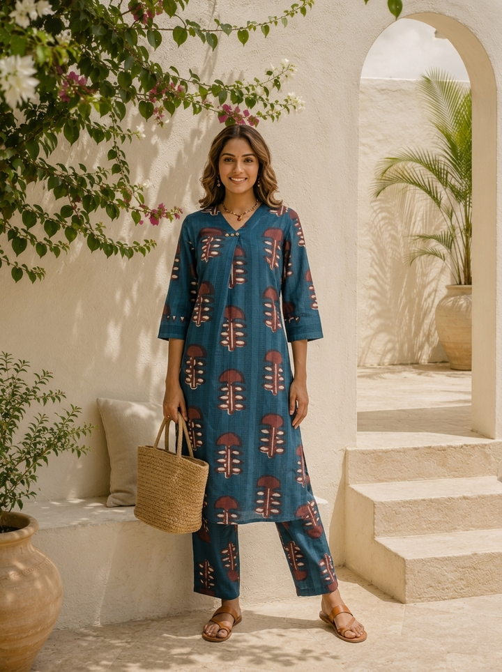 Blue Cotton Ethnic Tree Motif Printed Two Piece Set