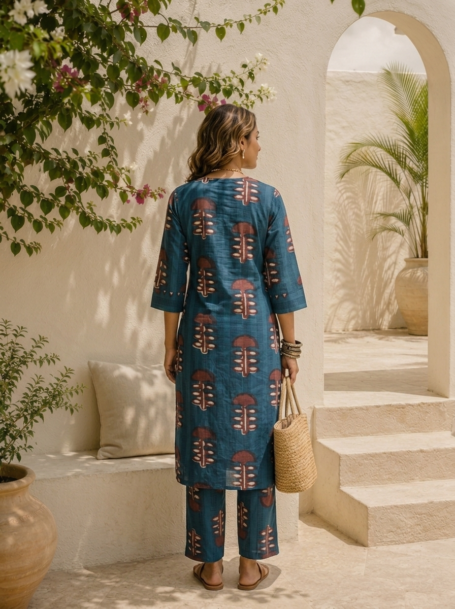 Blue Cotton Ethnic Tree Motif Printed Two Piece Set