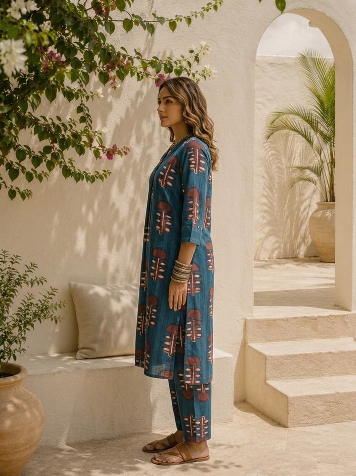 Blue Cotton Ethnic Tree Motif Printed Two Piece Set