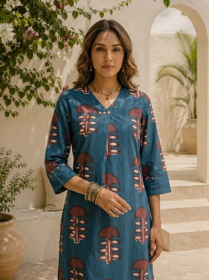 Blue Cotton Ethnic Tree Motif Printed Two Piece Set