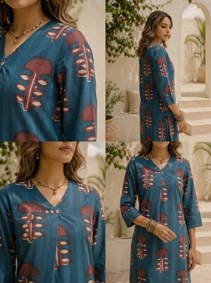 Blue Cotton Ethnic Tree Motif Printed Two Piece Set