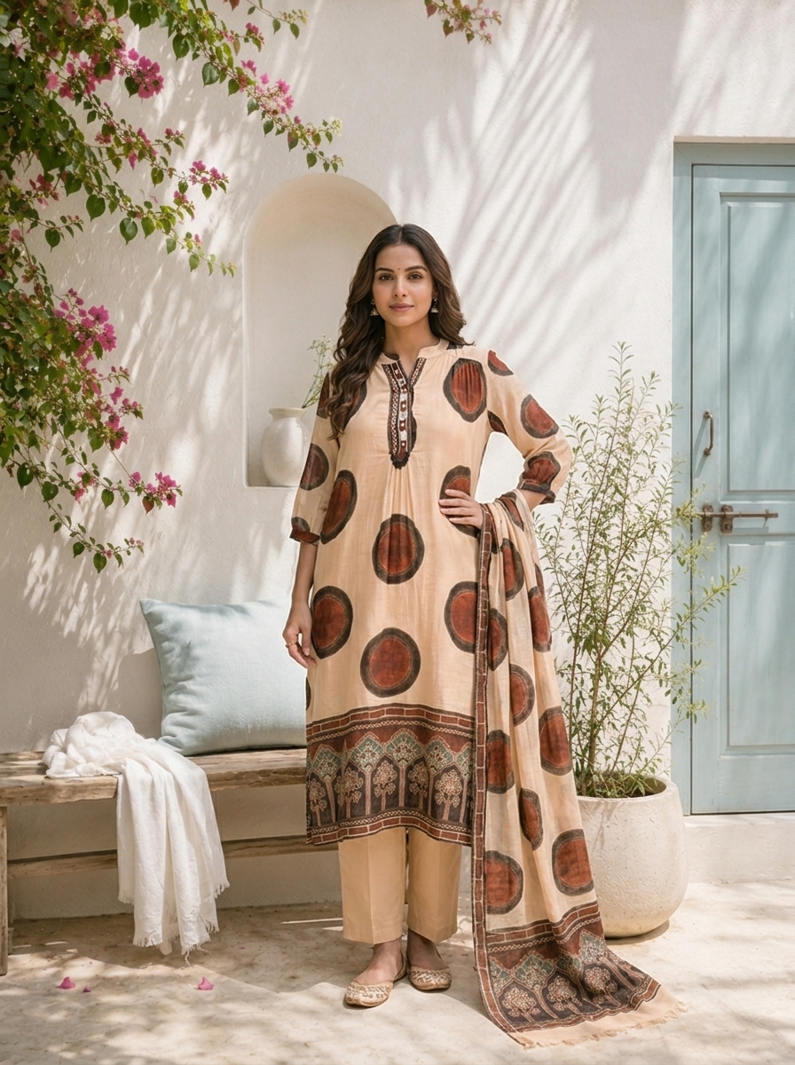 Beige Cotton Circular Motif Printed Two Piece Set
