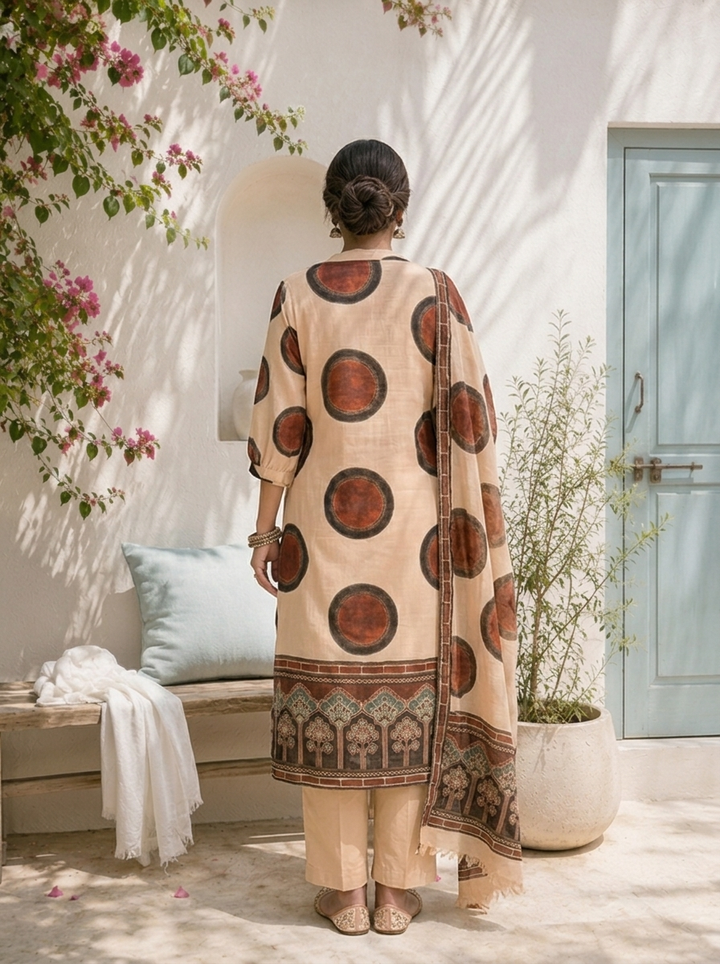 Beige Cotton Circular Motif Printed Two Piece Set