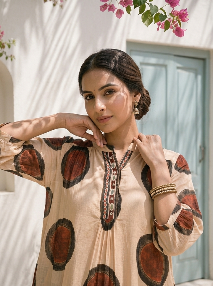 Beige Cotton Circular Motif Printed Two Piece Set