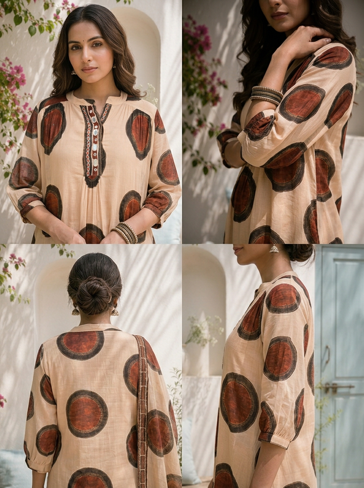 Beige Cotton Circular Motif Printed Two Piece Set